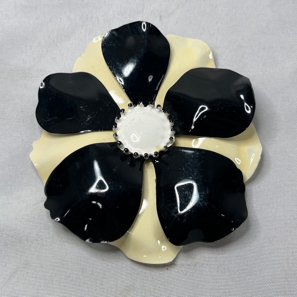 Vintage Black and Cream Enamel Flower Brooch Large Statement Floral Pin 3 Inch